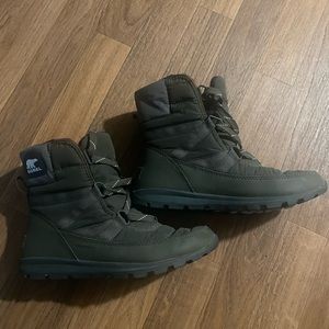 Sorel winter boots. Army green exterior, red and black checkered interior.